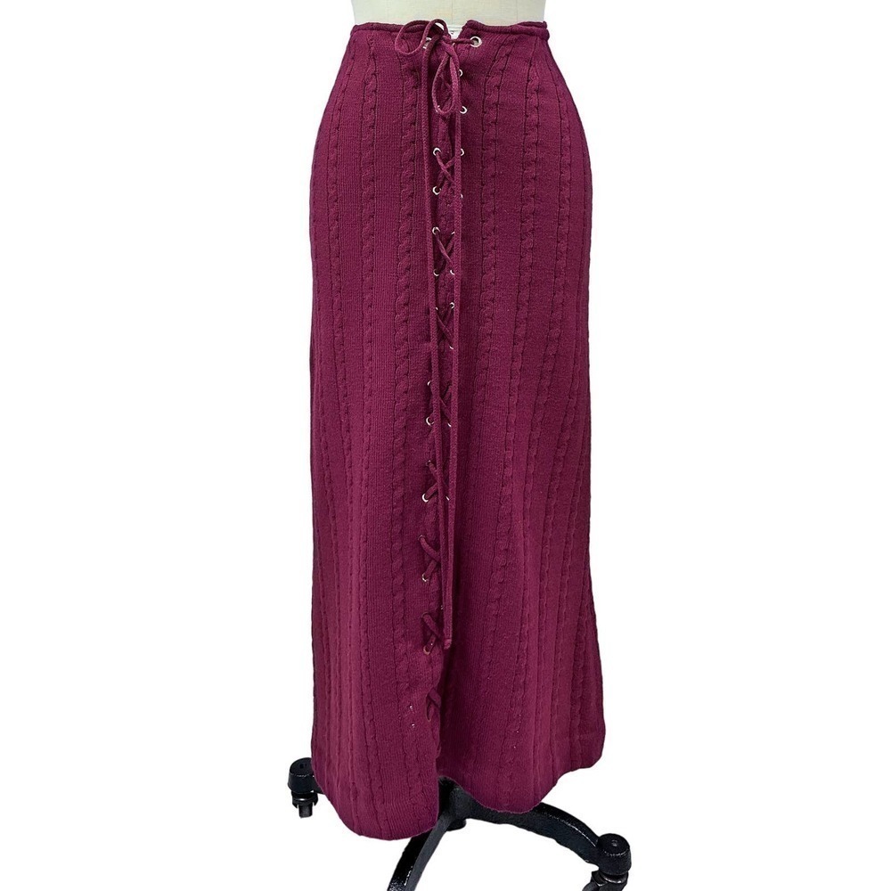 70s VTG Lace Up Front Cable Knit Sweater Skirt Plum Ankle Length Sz S/M